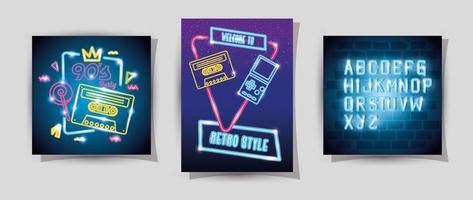 Conjunto de videojuegos de los noventa estilo retro de luz de neón. vector