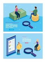 set poster of financial management with people and icons vector