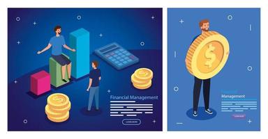 Establecer póster de gestión financiera con personas e iconos. vector