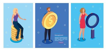 Establecer póster de gestión financiera con personas e iconos. vector