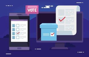 computer with smartphone for vote online vector