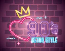 label nineties retro style neon light with crown and heart vector