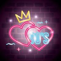 hearts with crown nineties retro style of neon light vector