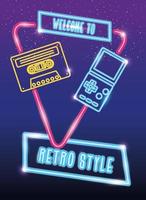 video game handle with cassette nineties style neon light vector