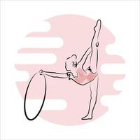 un dibujo lineal de una gimnasta. la niña practica gimnasia con un aro. sobre un fondo abstracto. arte lineal vector
