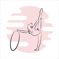 A linear drawing of a gymnast. The girl is practicing in gymnastics with a hoop. On an abstract background. Line art vector