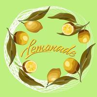 Round wreath of lemon branches. For the lemonade label, summer design, fresh design. vector