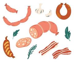 Meat sausages set. Cartoon beef sausages and salami sausages, grocery meat hot dogs. Sausages assortment. Ingredient slice, cooking salami, barbecue delicatessen. Hand Draw Vector illustration.