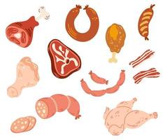 Meat products set. Fresh meat and sausage, salami and chicken, raw sliced pork tenderloin and cooked ham, steak. For barbeque meal and gourmet shopping. Hand draw Vector illustration.
