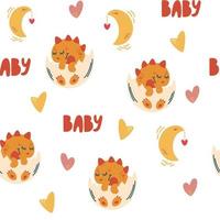 Little dinosaur seamless pattern. Cute little dinosaur in egg, hearts, moon and lettering. Print for fabric, textile, apparel, wrapping paper. Kids texture. Hand draw Vector illustration.