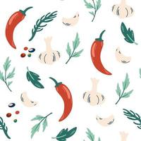 Hot pepper and garlic, herbs, seamless pattern. Vegetarian food. Healthy food. Natural products. for menu, restaurant, fabric, textile, clothes, paper, scrapbooking. Hand Draw Vector illustration.