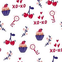 Valentine's Day Elements Seamless Pattern. Cherries, muffin, key, berries. Print for fabric, textile, apparel, wrapping paper. Hand draw Vector illustration.