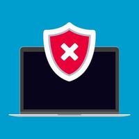 Laptop open flat design with shield and check mark cross X on the screen vector illustration