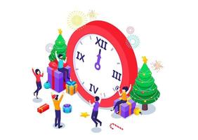 la gente feliz celebra el año nuevo cerca de un gran reloj con árboles de Navidad, fuegos artificiales y cajas de regalo. ilustración vectorial isométrica