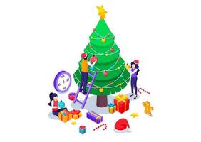 People engaged in decorating a Christmas tree with gift boxes to prepare to Celebrate New Year and Merry Christmas. Isometric Vector Illustration