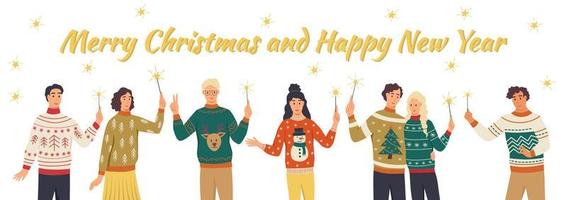 Young people in ugly sweaters with sparklers. Men and women celebrate New Year and Christmas. Lettering Merry Christmas. Flat vector illustration