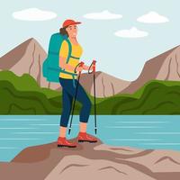 una mujer joven se dedica a hacer senderismo. una mujer con bastones y una mochila se encuentra en el fondo de un lago y montañas. ilustración vectorial plana