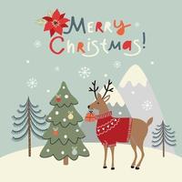 christmas deer with a gift on the background of winter nature vector