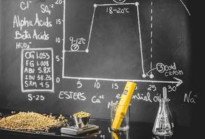 Beer Science. Black Board with Graph, Data and Specs, Hops, Grains and Tools About the Production Process photo