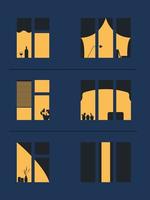 seis ventanas de noche de un edificio de apartamentos. estilo minimalista vector