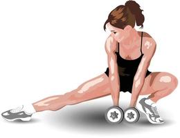 young girl doing a warm-up and stretching using dumbbells vector