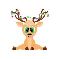 Cute Christmas cartoon deer with glowing garland on horns sitting and smiling. Cheerful fawn isolated. Vector illustration