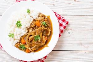 Japanese curry rice with sliced pork, carrot and onions photo