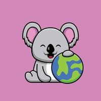 lindo koala sosteniendo la ilustración de la tierra vector