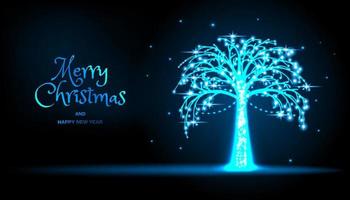 LED electric tree. Christmas decor of cities and streets. Neon on a dark background. Happy New Year.