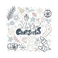 Greeting card Merry Christmas vector calligraphic lettering text and xmas doodle scandinavian elements. for winter holiday xmas and Happy New Year