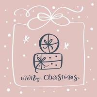 Greeting card Merry Christmas vector calligraphic lettering text and xmas doodle scandinavian elements for winter holiday xmas and Happy New Year