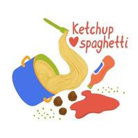 Ketchup and spaghetti. Lettering with a heart and a hand drawn flat illustration of a blue saucepan full of spaghetti vector