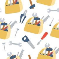 seamless pattern with wooden tool box and carpentry instruments. vector