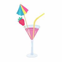 A cocktail decorated with a strawberry and a colorful umbrella.