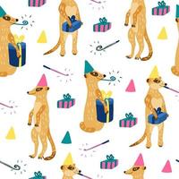 Seamless pattern with cute meerkats. They have gift boxes and party blowers. vector