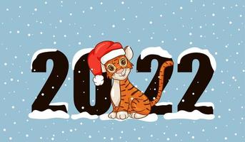 Happy New Year 2022 text design with cartoon style with tigers. The symbol of the year according to the Chinese calendar. Design brochure, template, postcard, banner. Vector illustration.