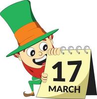 Saint Patricks Day leprechaun character. Standing next to calendar with 17th march date. Green suite leprechaun celebrating Irish festival. vector