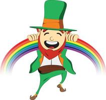 Saint Patricks Day leprechaun character. Laughing and Playing with Rainbow. Green suite leprechaun celebrating Irish festival. vector