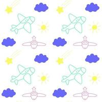 Seamless pattern with hand-drawn plane in the sky vector