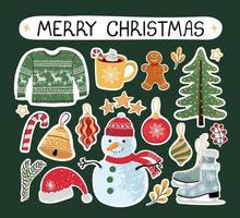 Vector modern colorful set with hand drawn doodle illustrations of christmas objects and lettering, stickers. Use it as elements for design greeting cards , poster, card, packaging paper design