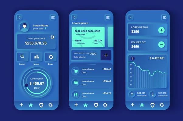 Online banking concept neumorphic templates set. Management and accounting personal finance, payment, transaction. UI, UX, GUI screens for responsive mobile app. Vector design kit in neumorphism style