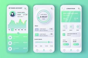 Online banking concept neumorphic templates set. Financial accounting, credit card, payment and bank services. UI, UX, GUI screens for responsive mobile app. Vector design kit in neumorphism style