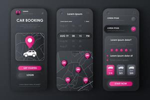 Car booking concept neumorphic templates set. Transportation services, choice of vehicles, rating of drivers. UI, UX, GUI screens for responsive mobile app. Vector design kit in neumorphism style