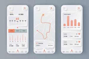 Fitness workout concept neumorphic templates set. Weight and calorie tracker, running route, training statistics. UI, UX, GUI screens for responsive mobile app. Vector design kit in neumorphism style