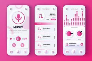 Music player concept neumorphic templates set. Play music, song playlist and settings in smartphone interface. UI, UX, GUI screens for responsive mobile app. Vector design kit in neumorphism style