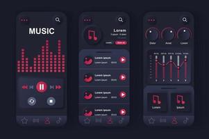 Music player concept neumorphic templates set. Player interface with buttons, song list, sound setting, playlists. UI, UX, GUI screens for responsive mobile app. Vector design kit in neumorphism style