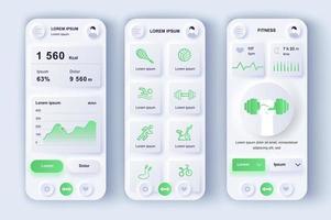 Fitness workout concept neumorphic templates set. Calorie tracker, different sports training, statistics data. UI, UX, GUI screens for responsive mobile app. Vector design kit in neumorphism style