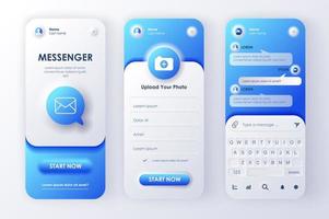 Online messenger concept neumorphic templates set. Login and registration form, chat, sending messages, keyboard. UI, UX, GUI screens for responsive mobile app. Vector design kit in neumorphism style