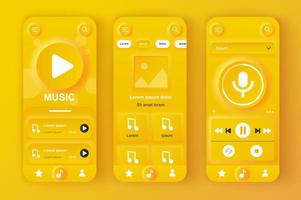 Music player concept neumorphic templates set. Player interface with musical albums, songs playlist, navigation. UI, UX, GUI screens for responsive mobile app. Vector design kit in neumorphism style