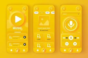 Music player concept neumorphic templates set. Player interface with musical albums, songs playlist, navigation. UI, UX, GUI screens for responsive mobile app. Vector design kit in neumorphism style